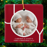 Twin's First Christmas Custom Photo Red Ceramic Ornament<br><div class="desc">This twin's cute keepsake Christmas photo ornament is decorated with the word JOY in white typography on a red background.
Easily customisable with your photo,  name,  and year.</div>