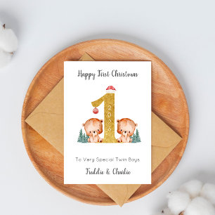Twins First Christmas Woodland Bears Holiday Card