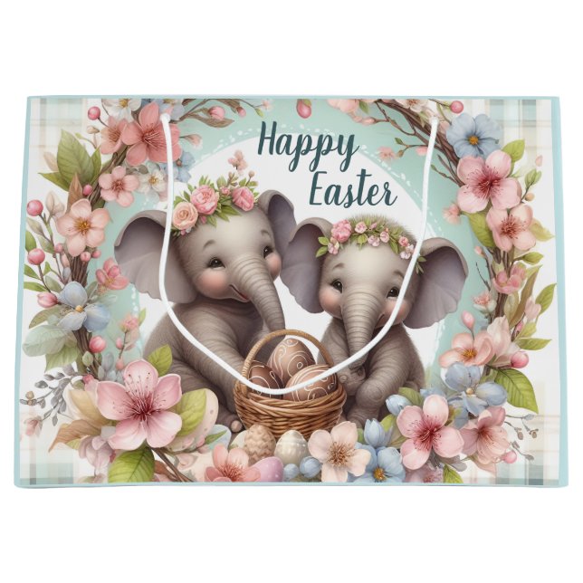 Twins First Easter Party Two Baby Elephants Large Gift Bag (Front)