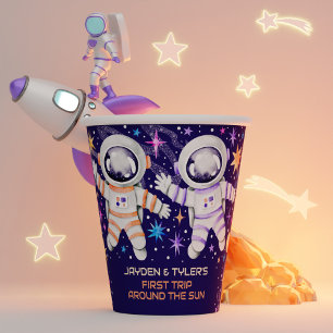 Twins First Trip Around the Sun Astronaut Rockets  Paper Cups