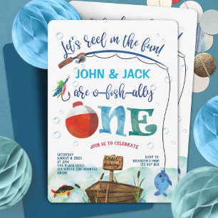 Twins Fishing themed boys 1st birthday O-fish-ally Invitation