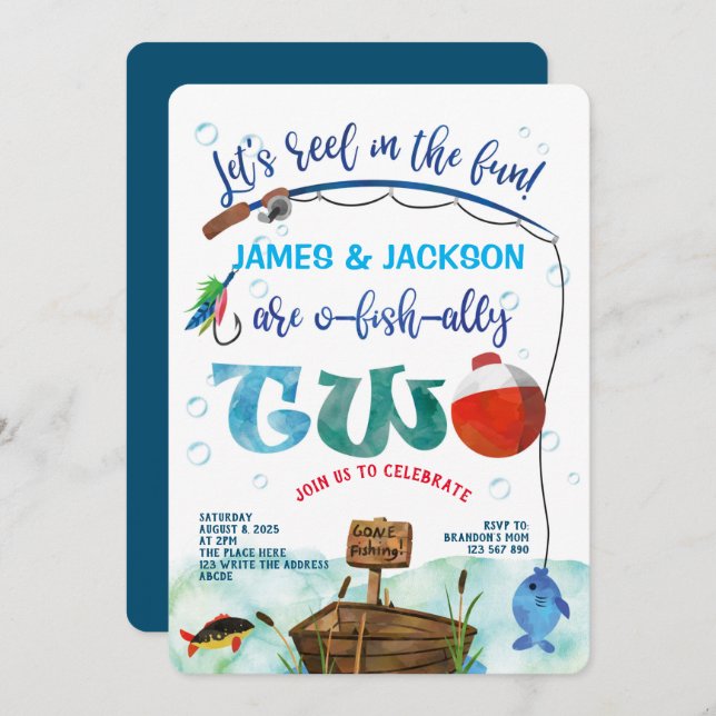 Twins Fishing themed boys 2nd birthday Invitation (Front/Back)