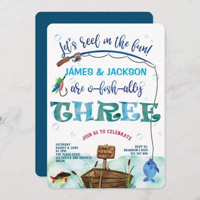 Twins Fishing themed boys 3rd o-fish-ally birthday Invitation (Front/Back)