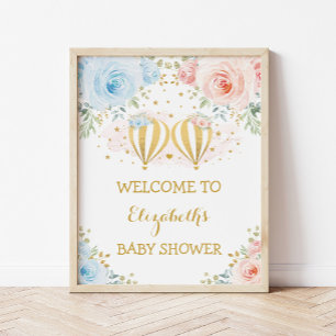 Twins Floral Hot Air Balloon Baby Shower Welcome Poster