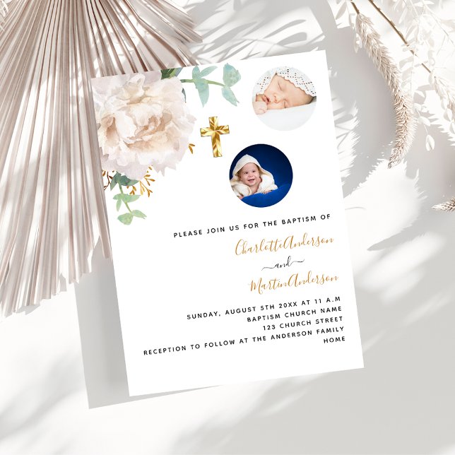 Twins floral photo gender neutral luxury Baptism Invitation (Creator Uploaded)