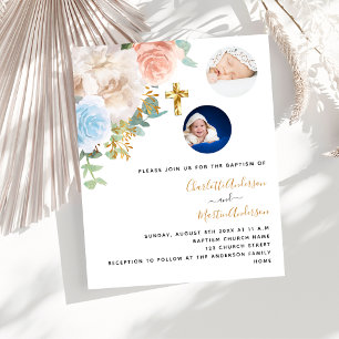 Twins florals photo budget baptism invitation