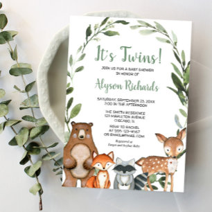 Twins gender neutral woodland greenery baby shower invitation