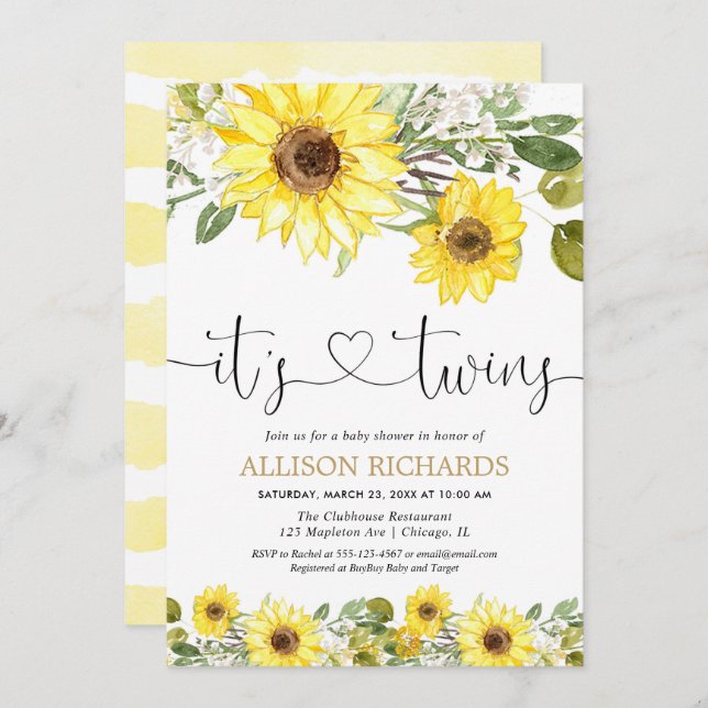 Twins gender neutral yellow sunflowers baby shower invitation (Front/Back)