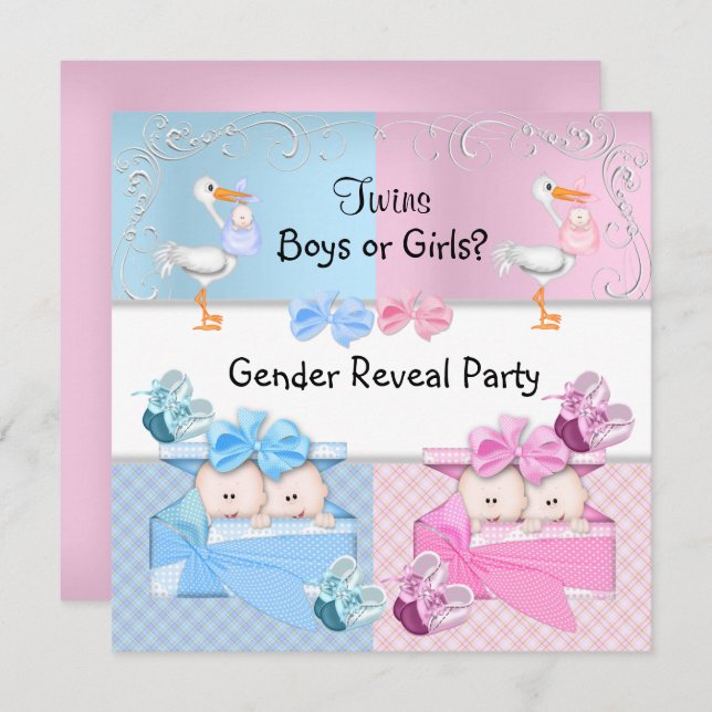 Twins Gender Reveal Party Boys or Girls Blue Pink Invitation (Front/Back)