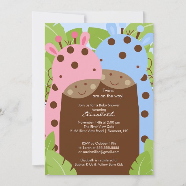 Twins Giraffe Baby Shower Invitation Boy Girl (Front)