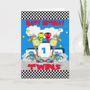 Twins Giraffe Birthday Card - Racing Giraffe