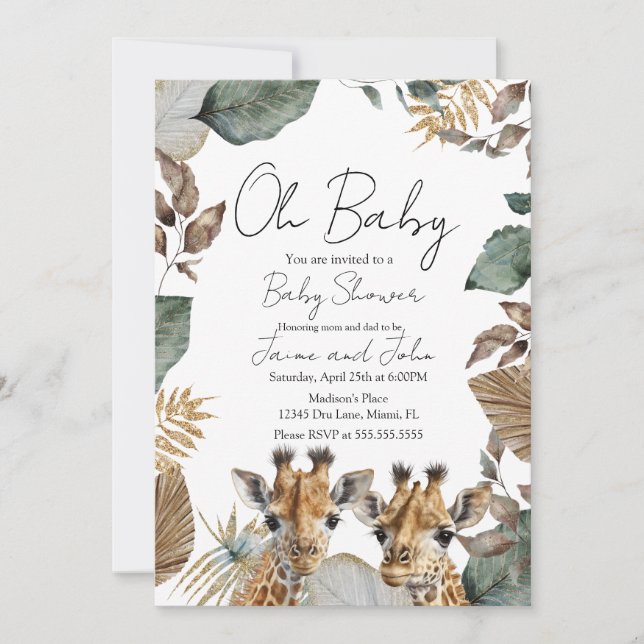 Twins Giraffe Jungle Wild Baby Shower Invitation (Front)