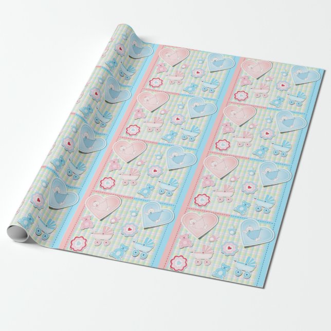 Twins Girl And Boy Baby Shower Wrapping Paper (Unrolled)