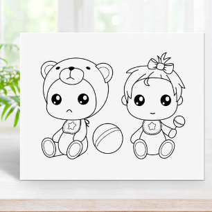 Twins Girl Bear Baby Jumpsuit Colouring Page Rubber Stamp