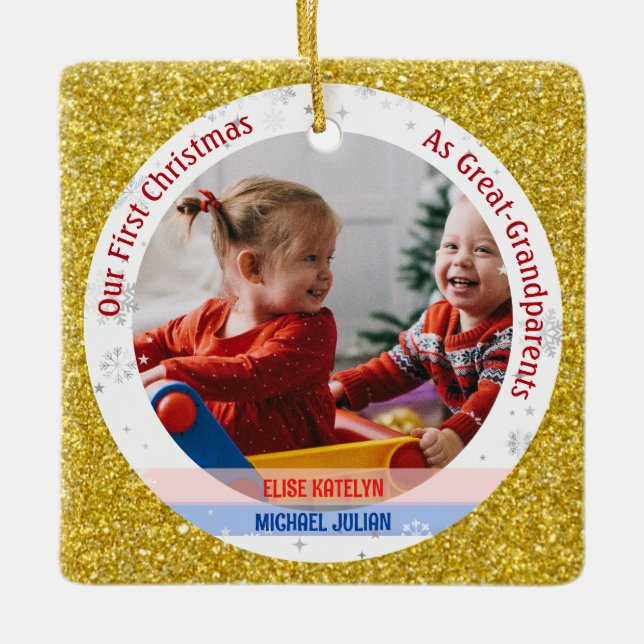 Twins Girl Boy 1st Xmas Great-Grandparents Photos Ceramic Ornament (Front)