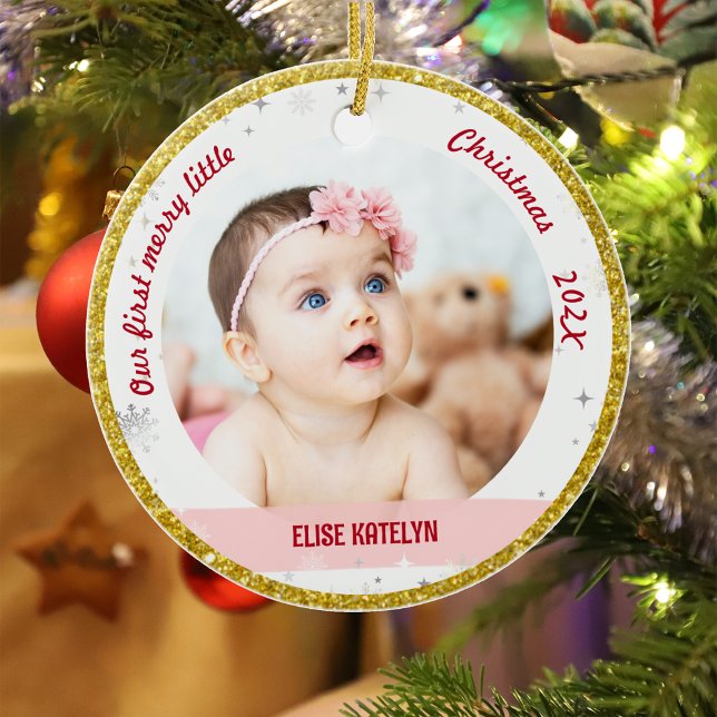 Twins Girl Boy 2 Photos 1st Merry Little Christmas Ceramic Ornament (Elegant Modern Cute Our first merry little Christmas Twins Baby Girl Boy 2 Photos Snowflakes Golden)