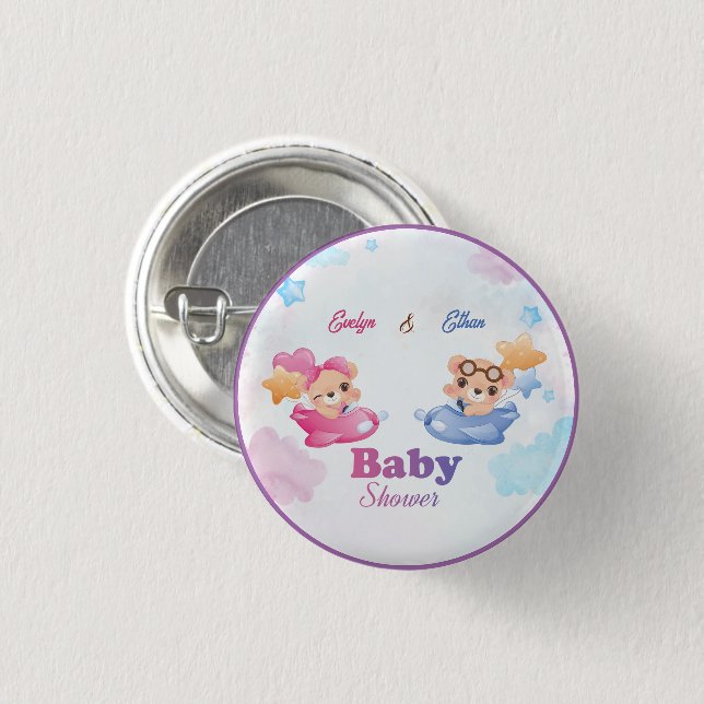 Twins Girl Boy Bear Aeroplane Baby Shower 3 Cm Round Badge (Front & Back)