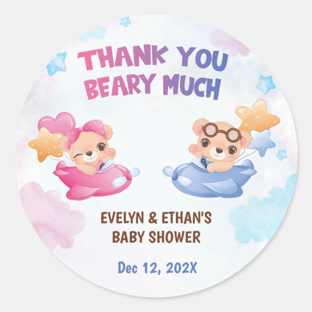 Twins Girl Boy Bear Aeroplane Baby Shower Classic Round Sticker (Front)