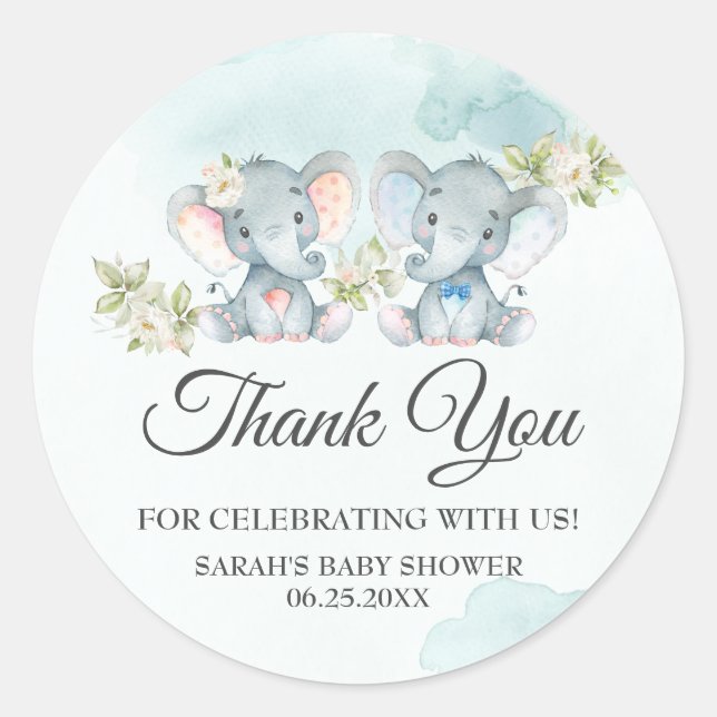 Twins Girl Boy Elephant Baby Shower Birthday Favou Classic Round Sticker (Front)