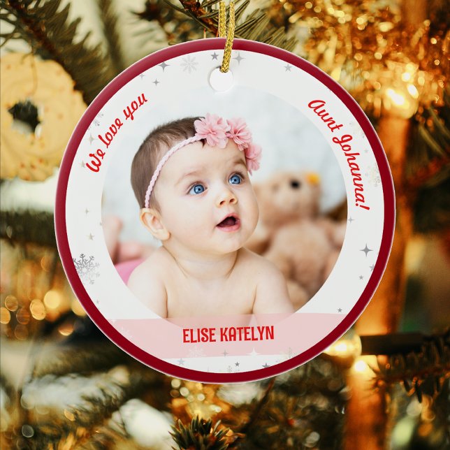 Twins Girl Boy Photos Aunt First Christmas Baby Ceramic Ornament (Cute Modern Elegant Personalized First Christmas We love you Auntie Twin Babies Girl Boy 2 Photos)