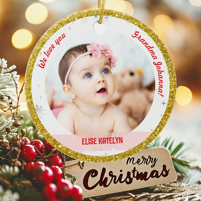Twins Girl Boy Photos Grandma First Christmas Baby Ceramic Ornament (Modern Elegant Cute We love you, Grandma First Christmas Twins Girl Boy 2 Photos Golden Faux Glitter)