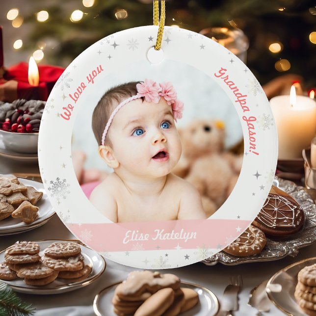 Twins Girl Boy Photos Grandpa First Christmas Baby Ceramic Ornament (Modern Elegant First Christmas Baby Twins Girl Boy We love you Grandpa 2 Photos Snowflakes Stars)