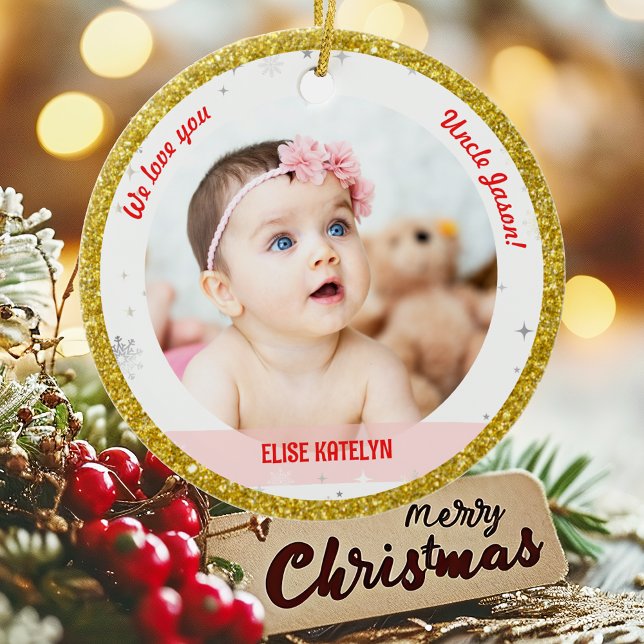 Twins Girl Boy Photos Uncle First Christmas Baby Ceramic Ornament (Modern Elegant Cute We love you, Uncle! First Christmas Twins Girl Boy 2 Photos Golden Faux Glitter)