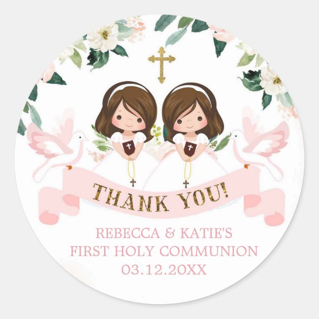 Twins Girl Floral Pink First Communion Classic Round Sticker (Front)