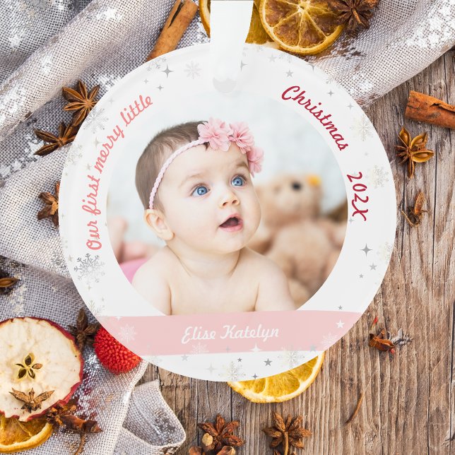 Twins Girls 2 Photos First Merry Little Christmas Ornament (Modern Elegant Cute Our First Merry Little Christmas Twins Baby Girls 2 Photos Snowflakes Stars Pink)