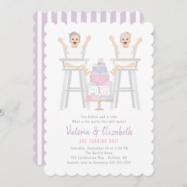 Twins Girls Birthday Smash Cake Invitation (Front/Back)