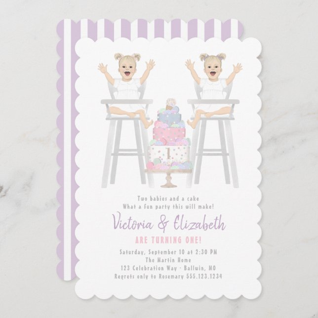 Twins Girls Birthday Smash Cake Invitation (Front/Back)