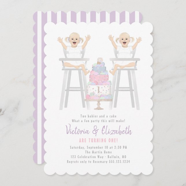 Twins Girls Birthday Smash Cake Invitation (Front/Back)