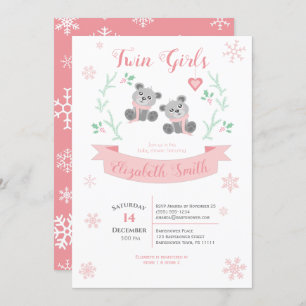 Twins Girls Cute bear winter baby shower Invitation