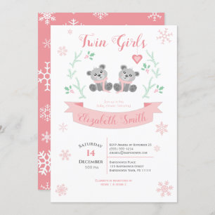 Twins Girls Cute bear winter babyshower Invitation