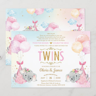 Twins Girls Elephant Virtual Baby Shower by Mail Invitation