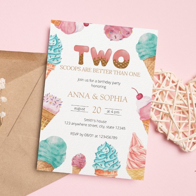 Twins Girls Ice Cream Birthday Party Invitation (Creator Uploaded)