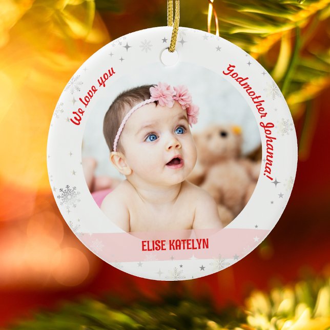 Twins Girls Photos Godmother First Christmas Baby Ceramic Ornament (Modern We love you, Godmother! First Christmas as Godmother of Twin Baby Girls. 2 Photos. Snowflakes)