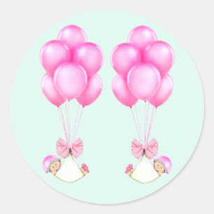 Twins Girls Pink Balloons Baby Shower Classic Round Sticker