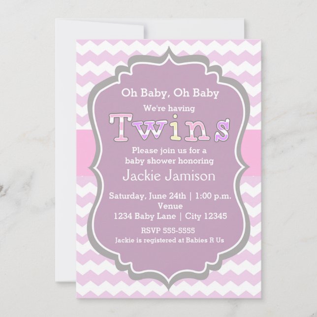 TWINS girls purple Chevron Baby Shower Invitation (Front)