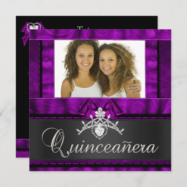 Twins Girls Purple Quinceanera 15th Birthday Invitation (Front/Back)