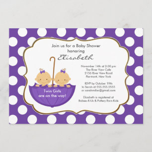 Twins Girls Umbrella Baby Shower Invitation Purple