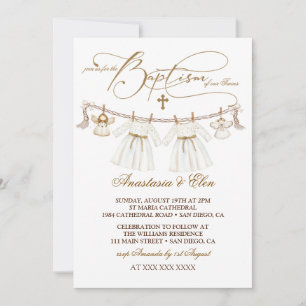 Twins Girls Vintage Boho Baptism Invitation