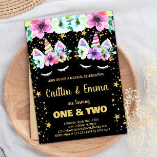 Twins Golden Black Unicorn Birthday Invitations