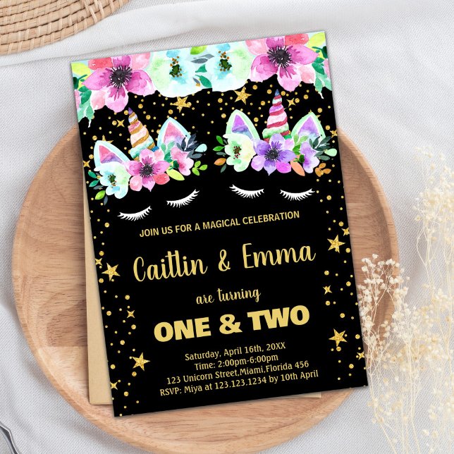 Twins Golden Black Unicorn Birthday Invitations (Twins Golden Black Unicorn Birthday Invitations)