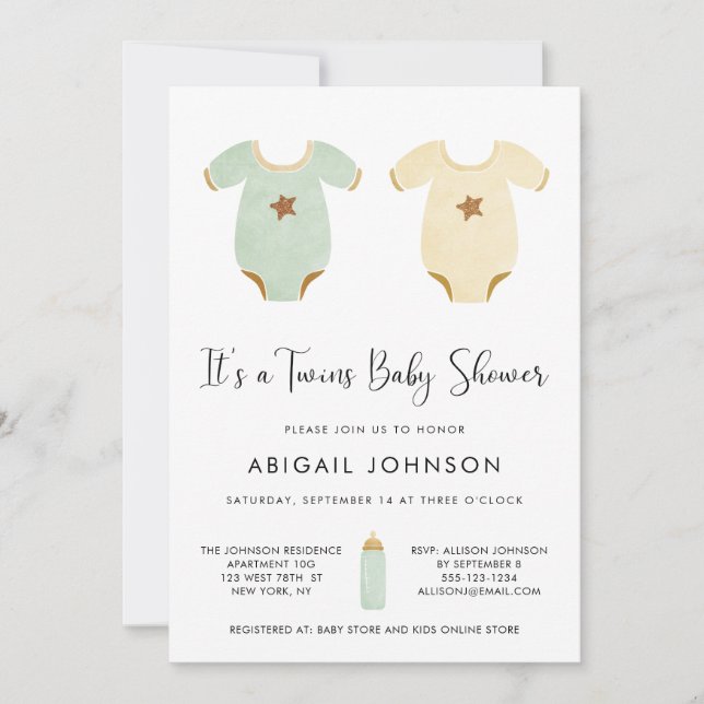 Twins Green Yellow Watercolor Retro Baby Shower Invitation (Front)