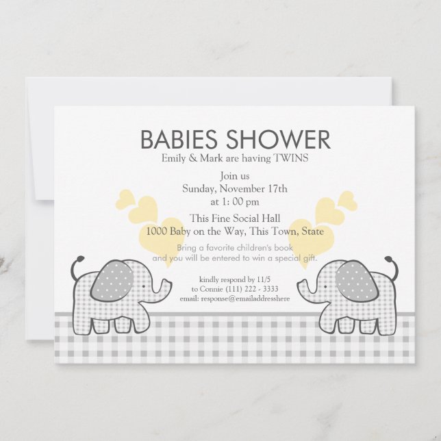 Twins Grey Gingham Baby Shower Invitation (Front)