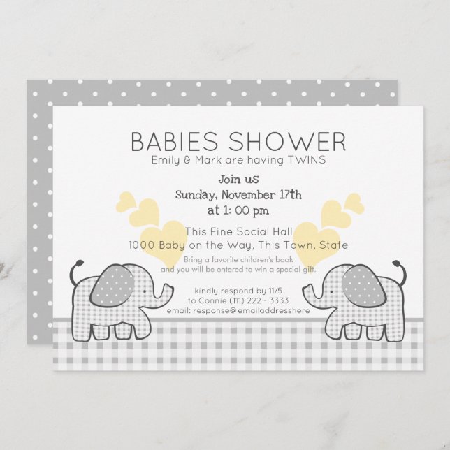 Twins Grey Gingham Baby Shower Invitation (Front/Back)