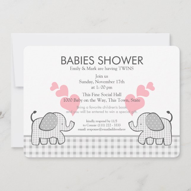 Twins Grey Pink Gingham Baby Shower Invitation (Front)