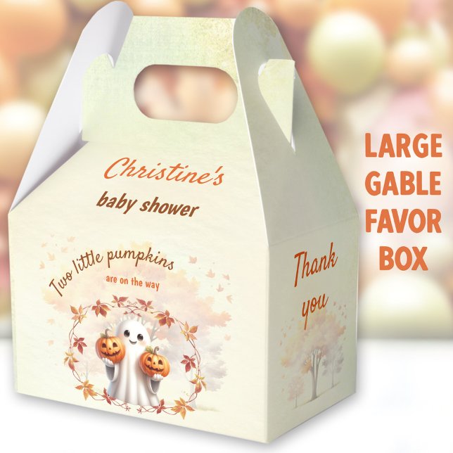 Twins Halloween Pumpkin Ghost Baby Shower Large Favour Box (Twins Baby Shower Large Gable Favor Boxes - You can choose from 3 sizes of these gable favor boxes)