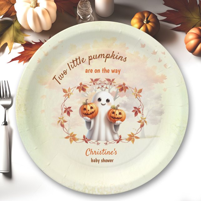 Twins Halloween Pumpkin Ghost Unisex Baby Shower Paper Plate (Twins Halloween Pumpkin Ghost Unisex Baby Shower Paper Plates)